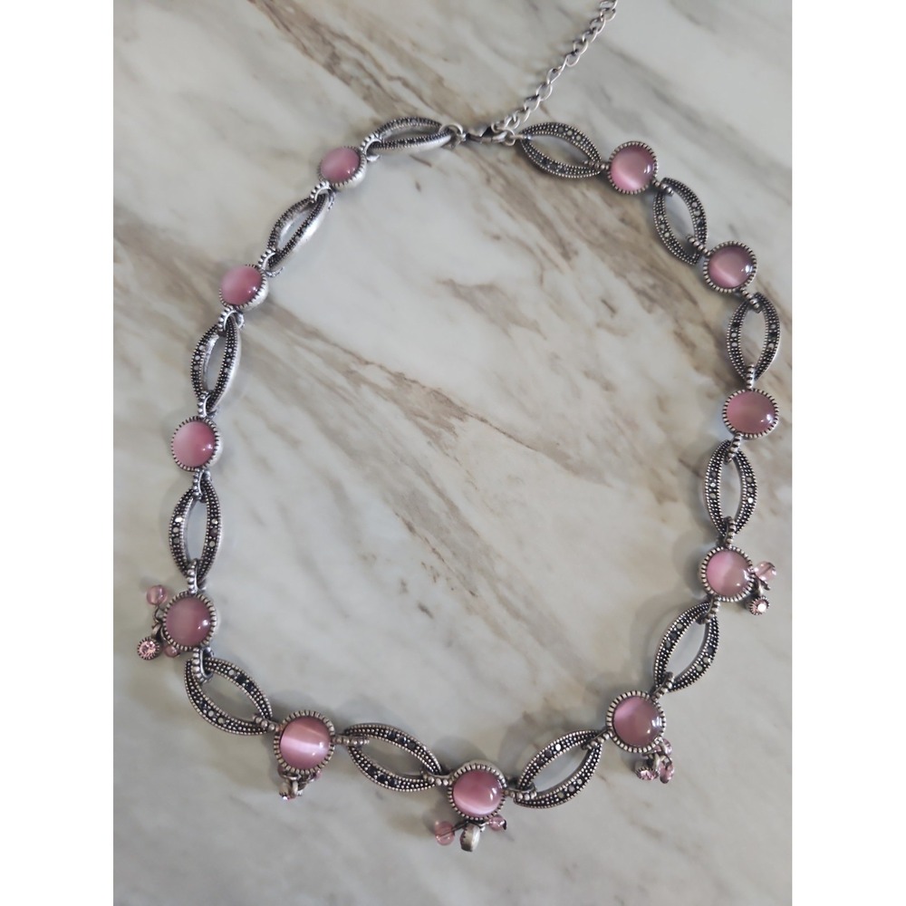 Vintage Pink Cats Eye Cabochon Marcasite Style Link Necklace 16in